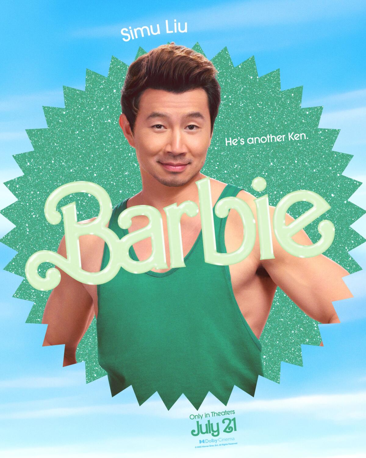Simu Liu poses with his hands on his hips in a "Barbie" movie poster. He wears a green muscle tee.