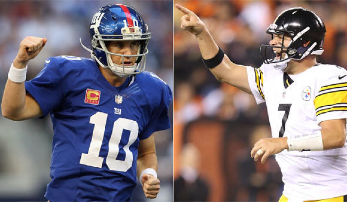 Quarterbacks Eli Manning of the New York Giants, left, and Ben Roethlisberger of the Pittsburgh Steelers will face off for only the third time Sunday.