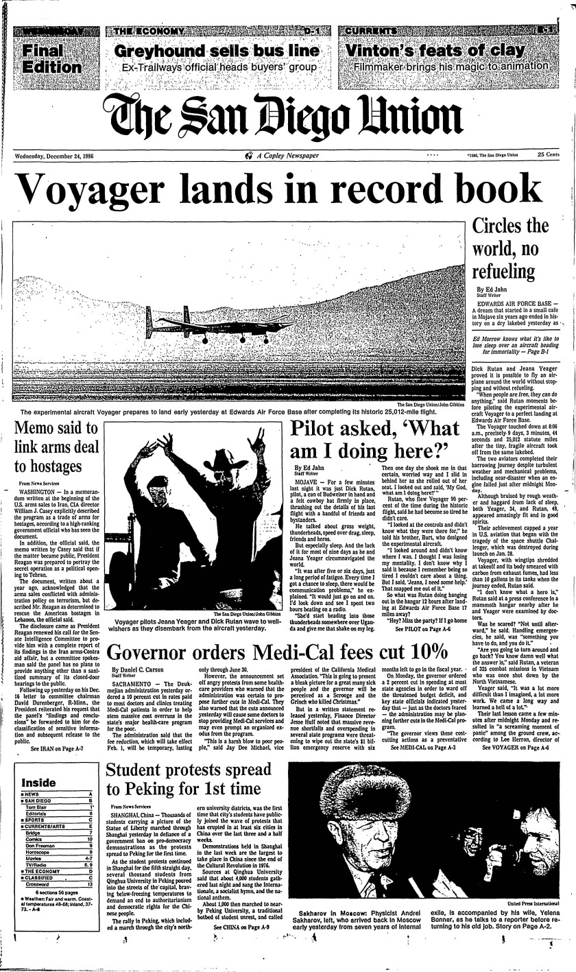 "Voyager lands in record book," report from the front page of The San Diego Union, Dec. 24, 1986.