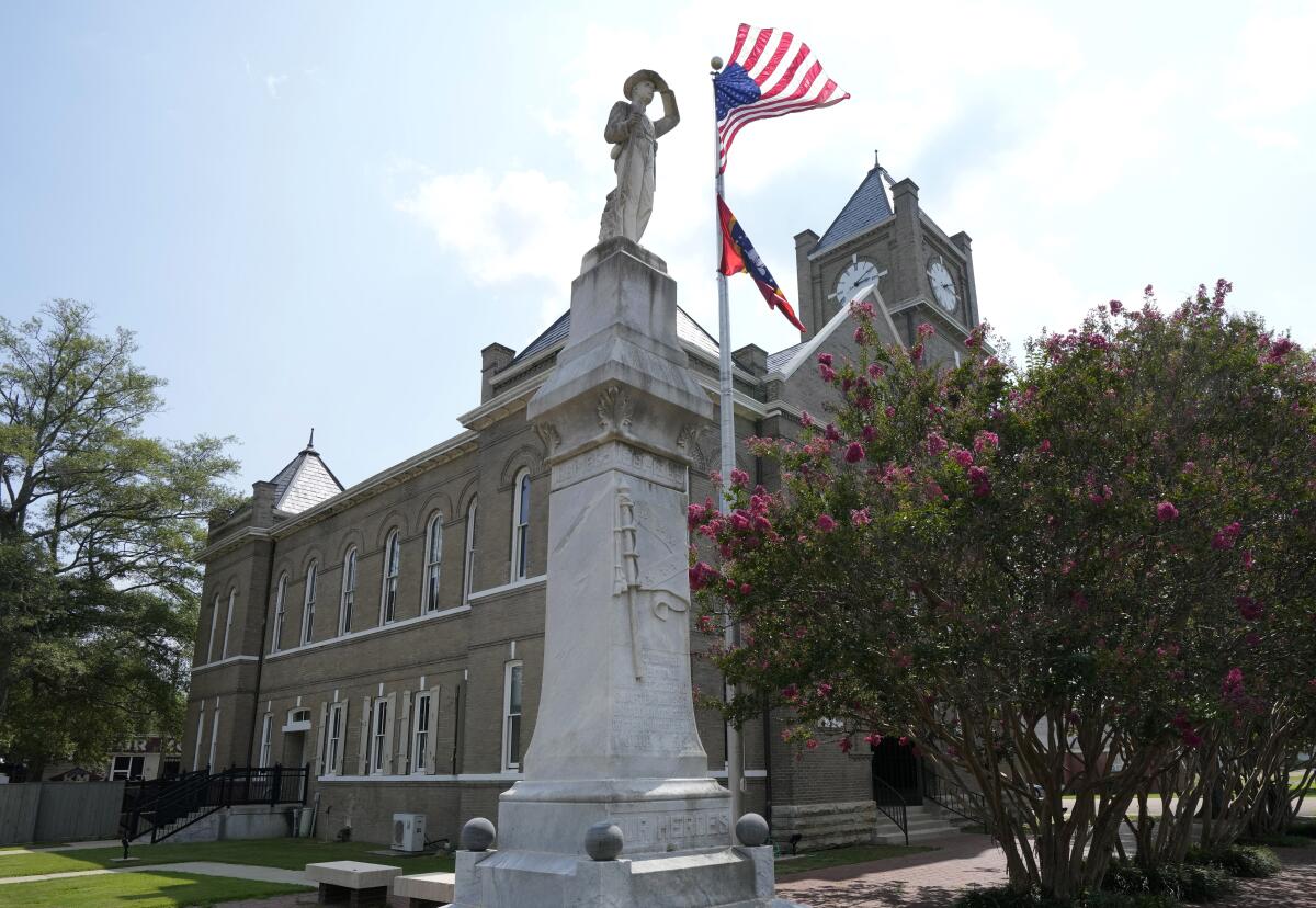A Confederate monument outside a courthouse