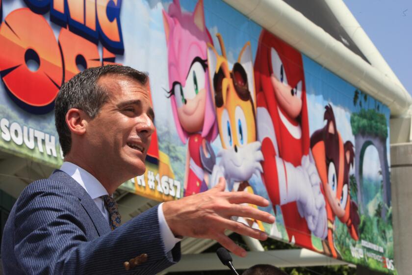 Los Angeles Mayor Eric Garcetti welcomes the Electronic Entertainment Expo, a trade show for computer and video games, to the Los Angeles Convention Center on Tuesday.