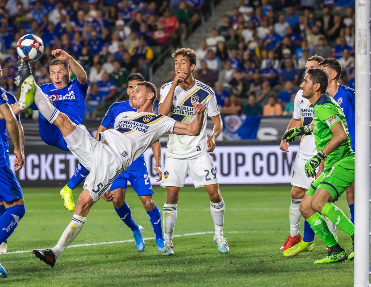 The Galaxy's Daniel Steres tries to score in front of the net during a Leagues Cup semifinal match against Cruz Azul at Dignity Health Sports Park on Tuesday.