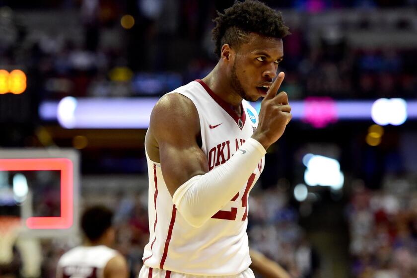 Oklahoma's Buddy Hield reacts after the Sooners finished off a 77-63 victory over Texas A&M on Thursday night.