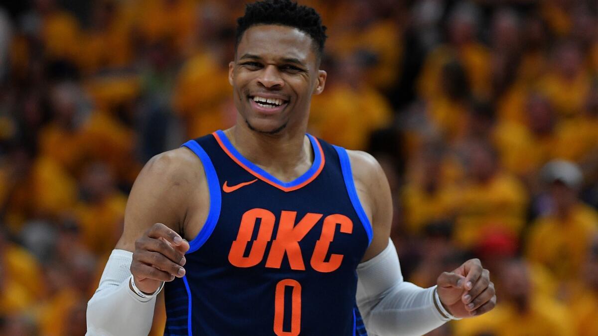 Thunder star Russell Westbrook reacts to a call during Game 6 against the Jazz.