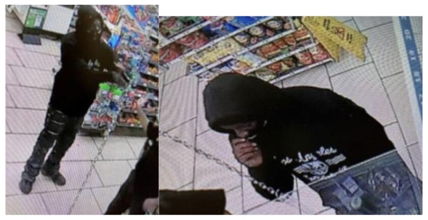 Surveillance video stills of a man in a hoodie pointing a gun and standing at the counter of a convenience store