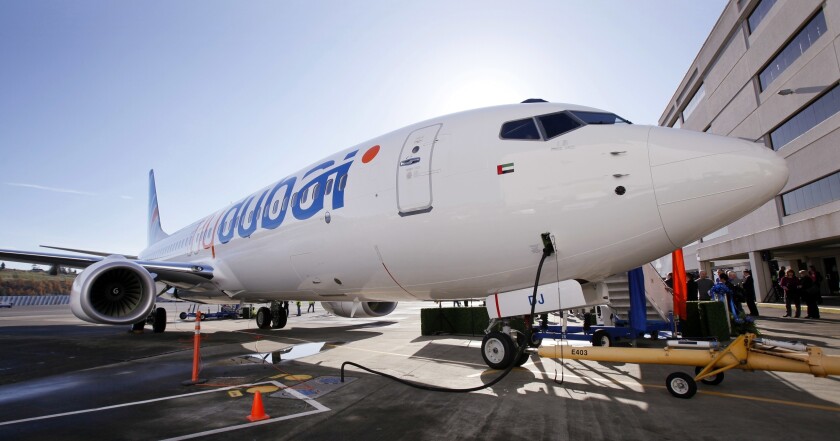 FILE - This Oct. 27, 2010 file photo, shows a Boeing 737 being delivered to flydubai in Seattle, Washington. Dubai's budget carrier flydubai reported Sunday, May 2, 2021, a loss of $194 million in 2020 as revenue fell by more than 50% in what it described as one of the toughest years in the aviation industry. (AP Photo/Elaine Thompson, File)