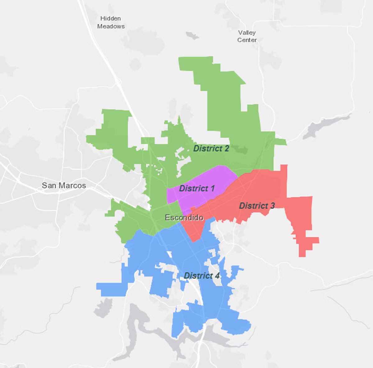 Map of the current district boundaries for the Escondido City Council.  