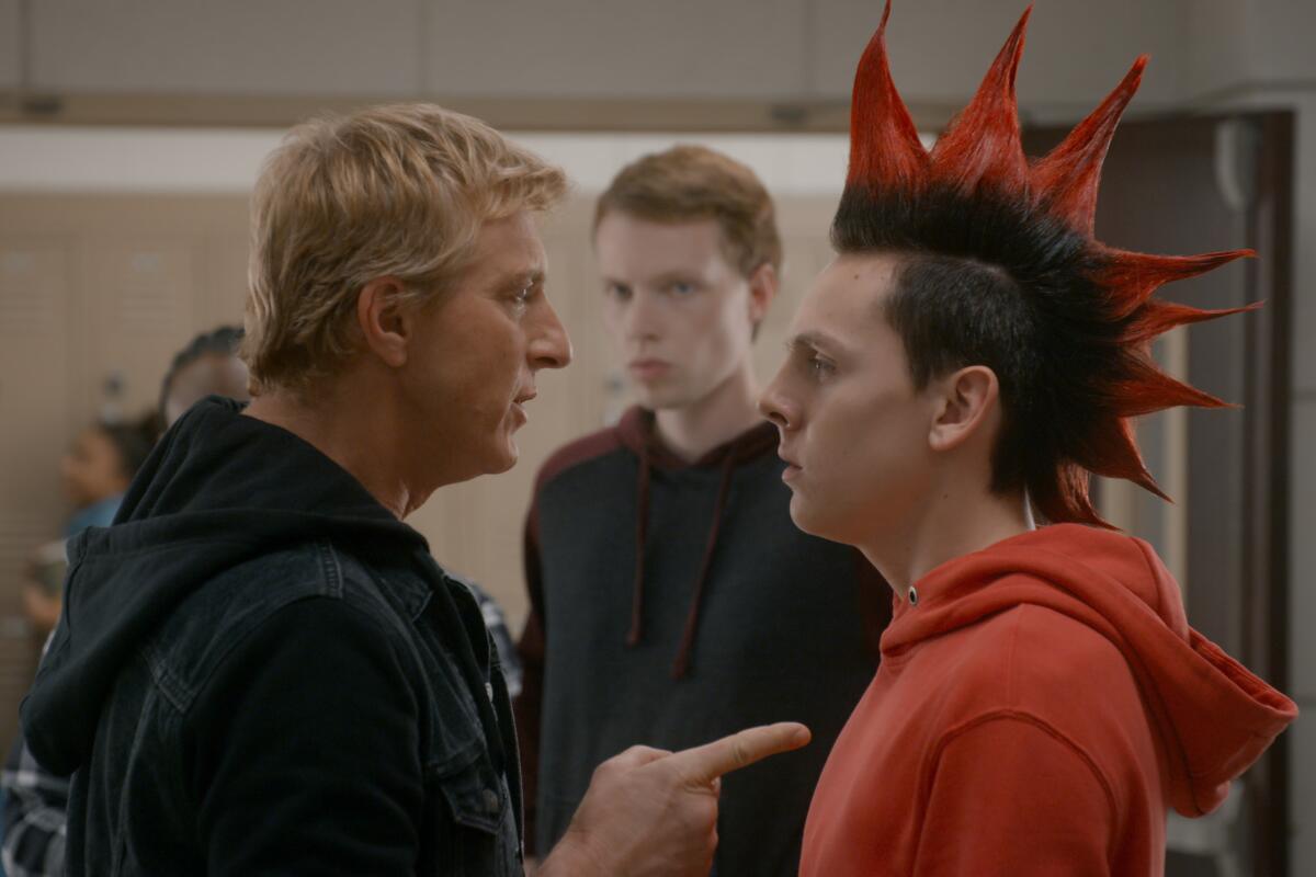 William Zabka gets stern with mohawked Jacob Bertrand in "Cobra Kai."