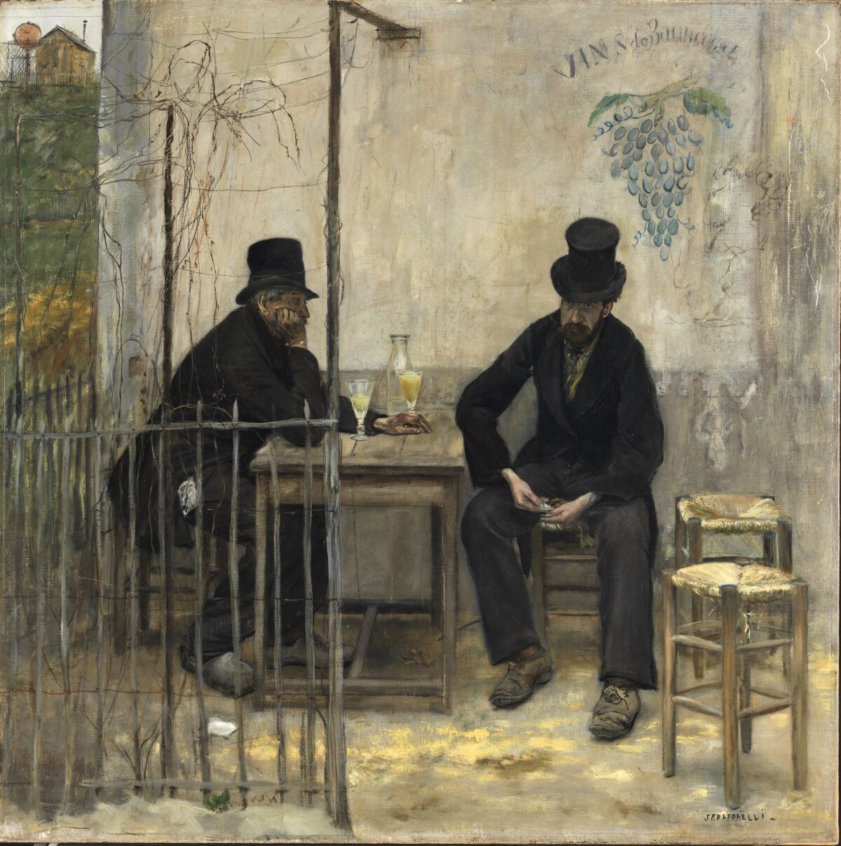 An oil painting of two men in top hats sitting at a table and drinking.