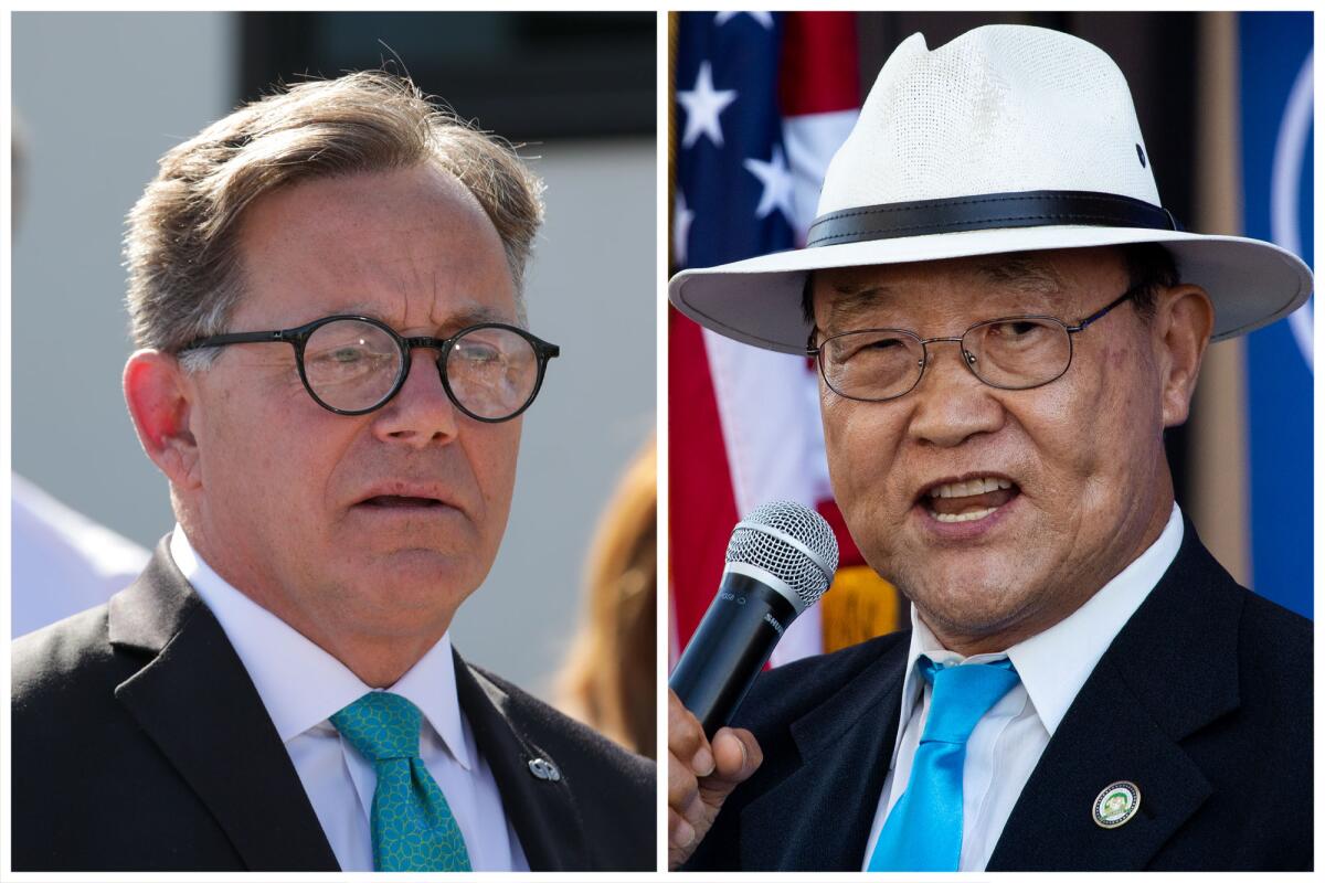California Senate District 37 candidates Josh Newman, left, and Steven Choi.
