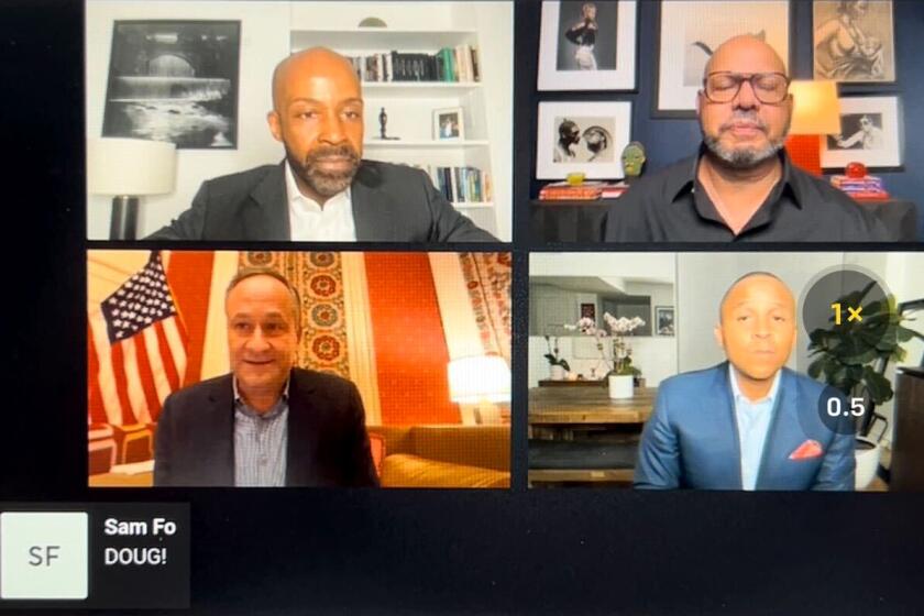 Second Gentleman Doug Emhoff, Vice President Kamala Harris' husband, bottom left, made a surprise visit on a small organizing call for gay and queer Black men on Thursday evening, promising his wife's support for the LGBTQ+ community.