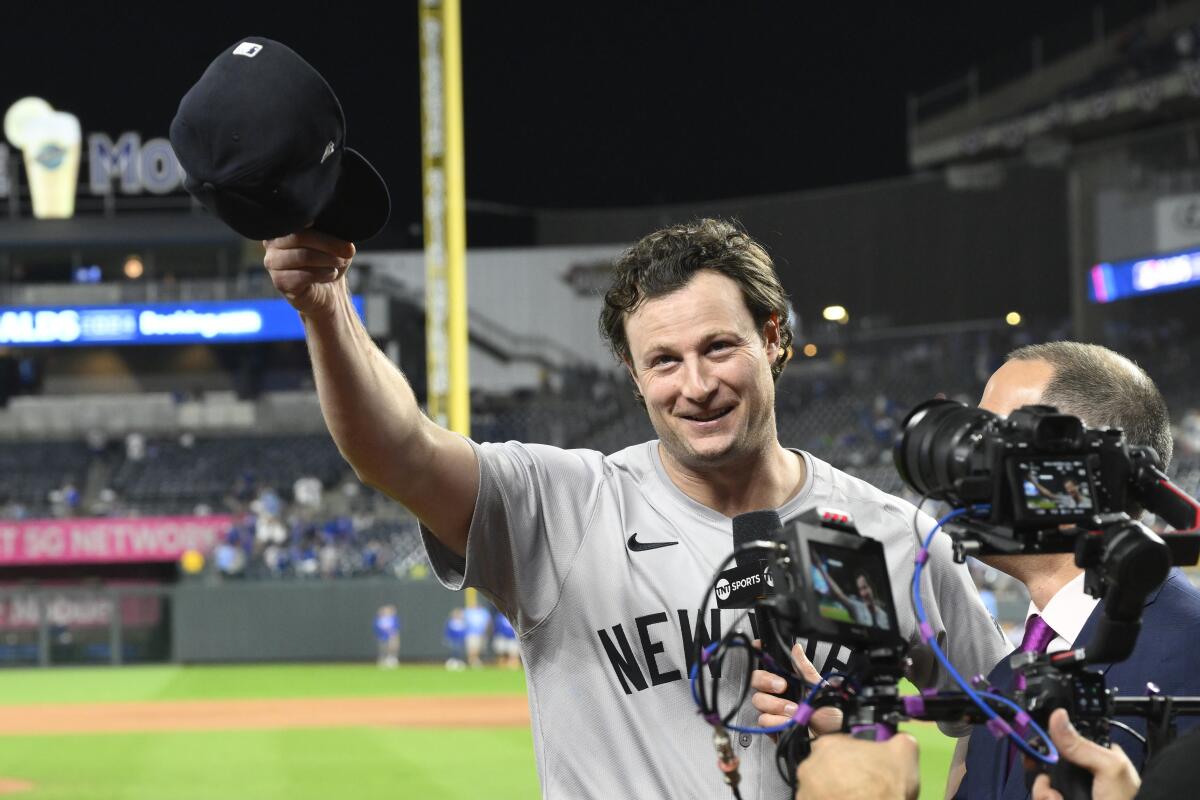 Yankees pitcher Gerrit Cole celebrates a 3-1 victory over the Kansas City Royals in Game 4 of the ALDS on Oct. 10.