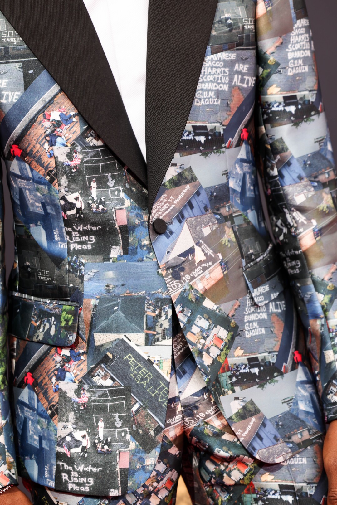 A close-up view of a men's patterned jacket.