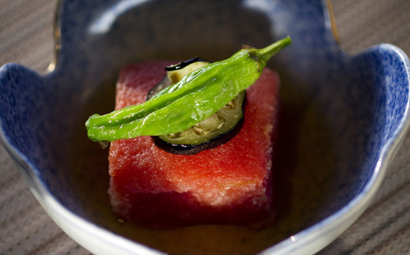 This is agedashi momotaro tomato tofu at Shunji restaurant in Los Angeles.