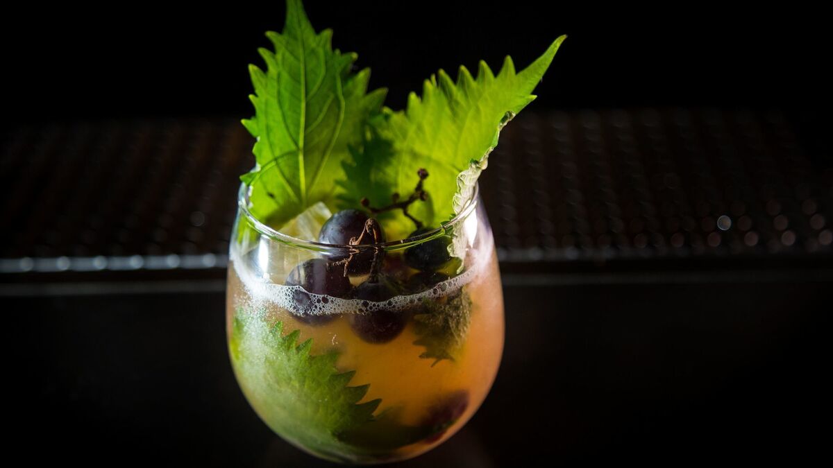 Gabriella Mlynarczyk's non-alcoholic cocktail contains Seedlip, Kyoho grapes and shiso leaves at Accomplice Bar in Mar Vista.
