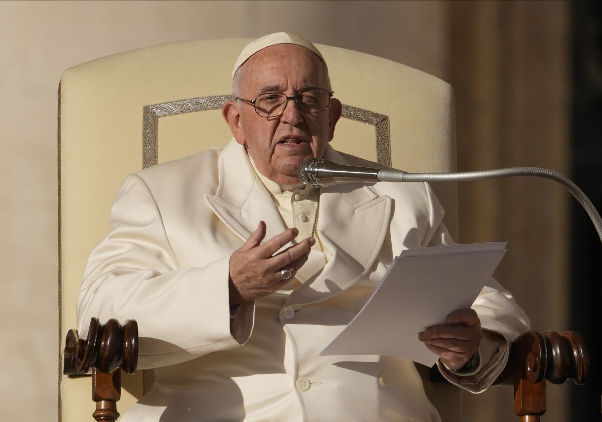 Pope Francis speaks during his weekly general audience in St. Peter's Square at The Vatican, Wednesday, Nov. 23, 2022. (AP Photo/Andrew Medichini)