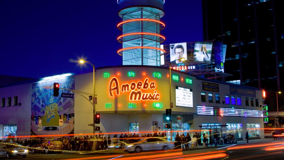 Amoeba Music on Sunset Boulevard. The company employs about 400 workers across its three California stores, all of which are closed because of the coronavirus pandemic.