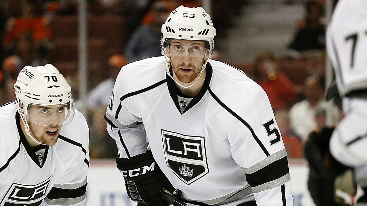 Kings defenseman Jeff Schultz, center, was recalled from Ontario of the American Hockey League on Monday.