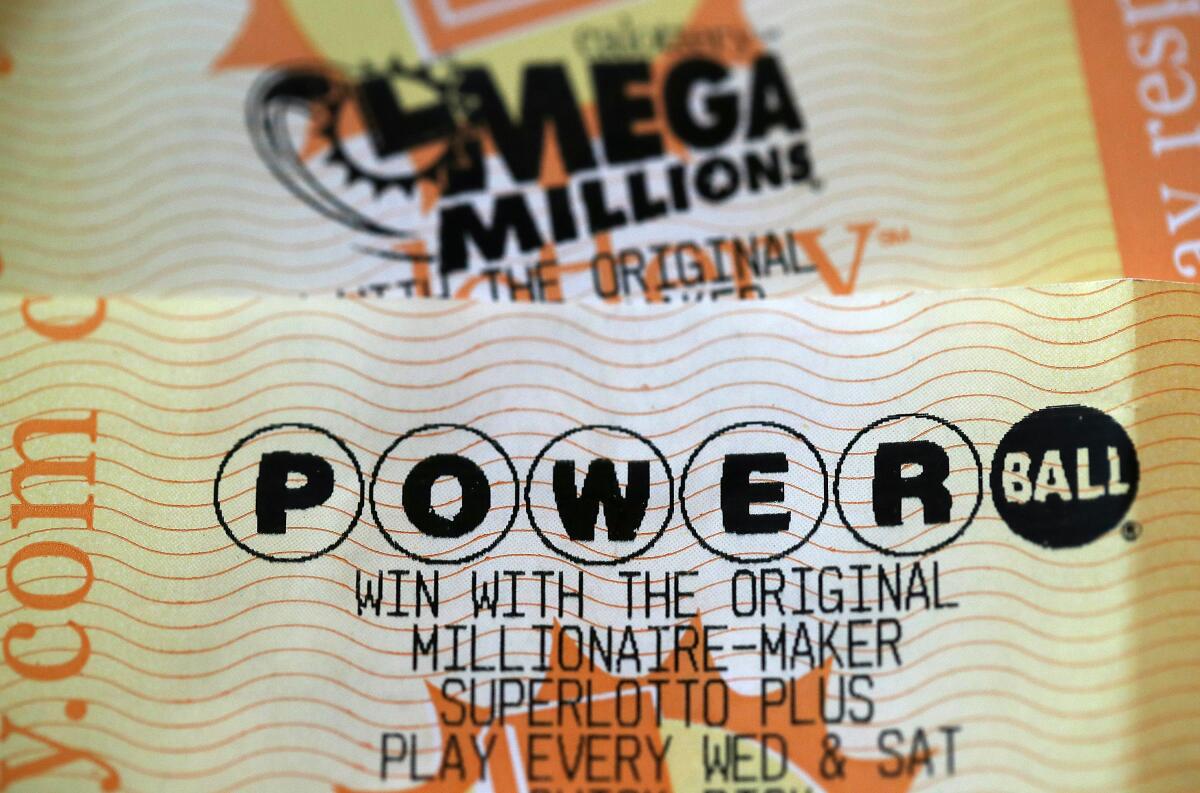 The tops of California Lottery tickets for the Powerball and Mega Millions games