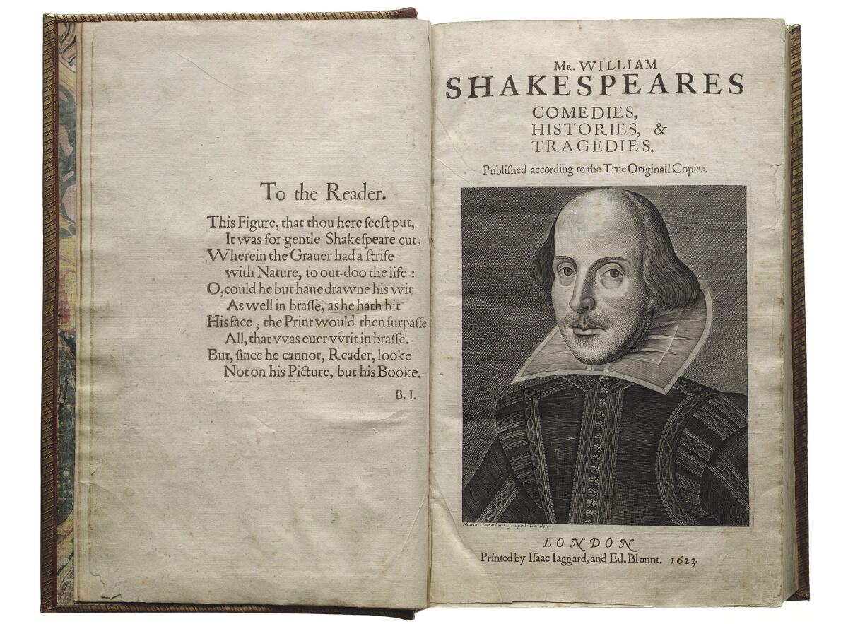 Title page with the Droeshout engraving of Shakespeare in the First Folio from 1623. (Folger Shakespeare Library)