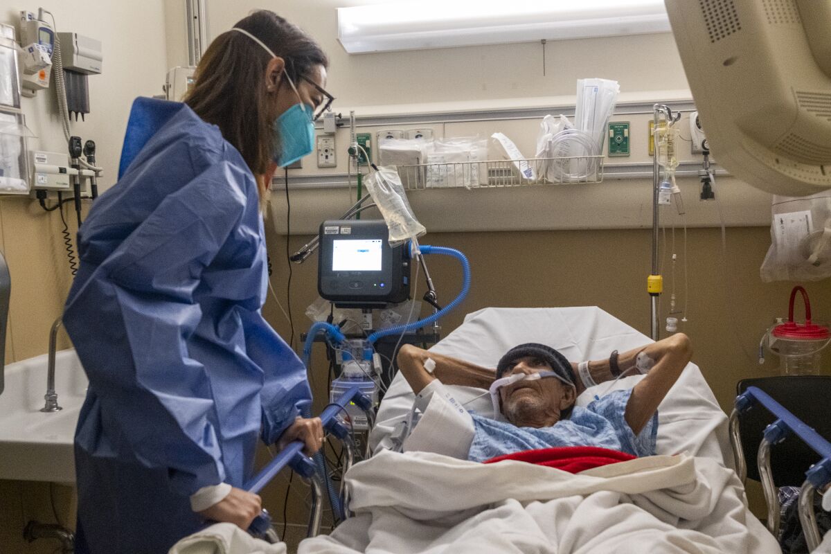 A doctor at a patient's bedside.