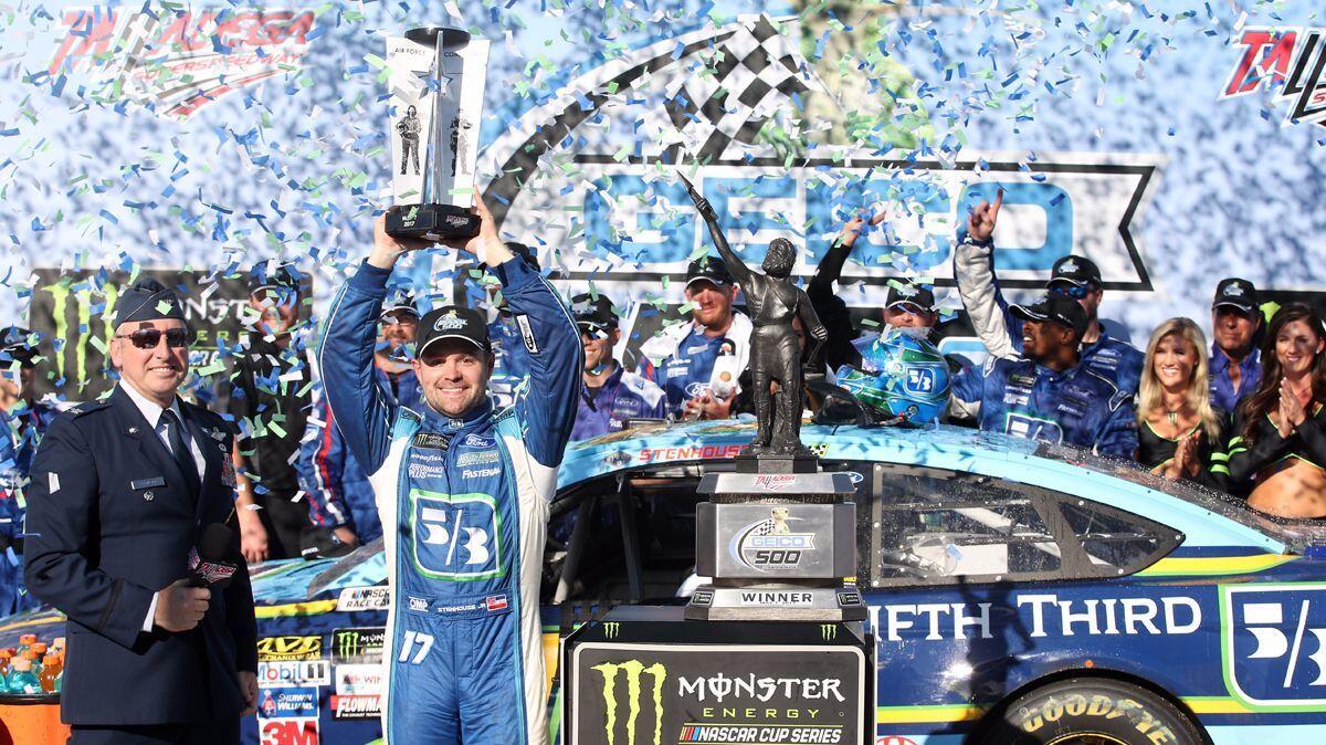 Ricky Stenhouse Jr. celebrates in Victory Lane after winning the Monster Energy NASCAR Cup Series GEICO 500 at Talladega Superspeedway on Sunday.