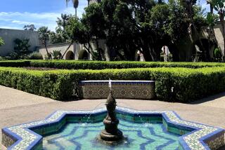 The formal Alcazar Garden, patterned after a castle garden in Spain, has colorful Moorish tiles and fountains.