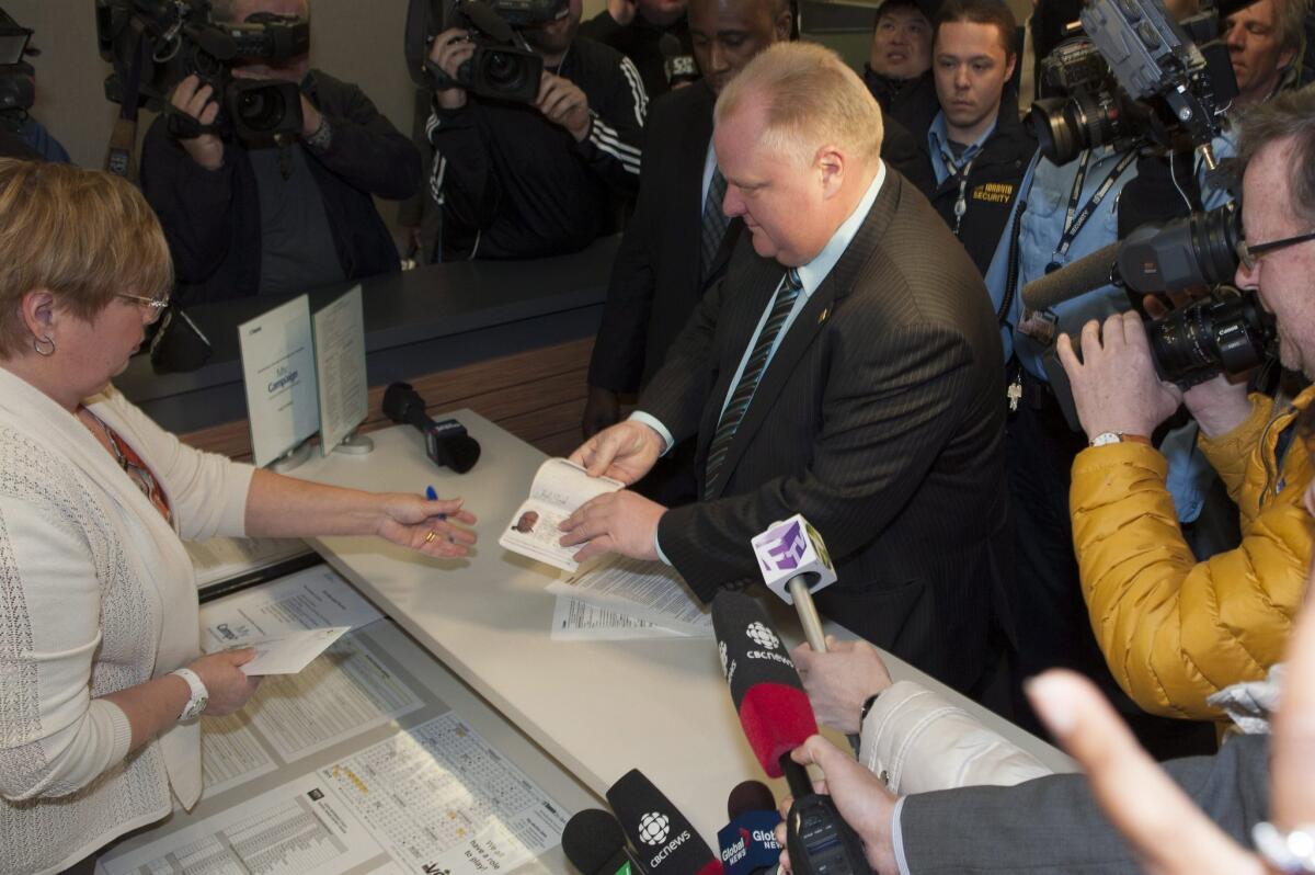 Toronto Mayor Rob Ford on Thursday registered his campaign for re-election in the Oct. 27 municipal vote, in spite of a storm of controversy over his crack cocaine use and other dubious behavior that led to his being stripped of most governing authority in November.