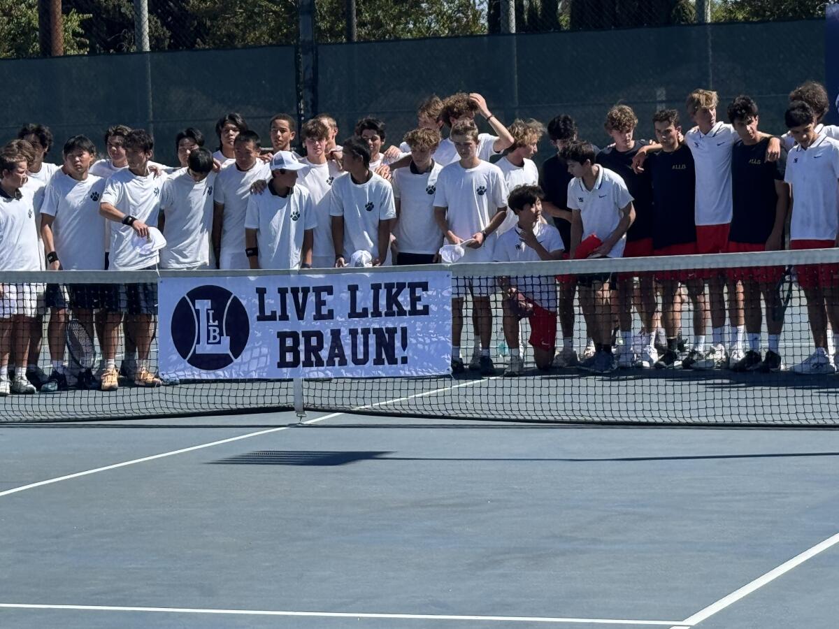 Loyola and Harvard-Westlake tennis players gather before their playoff match.