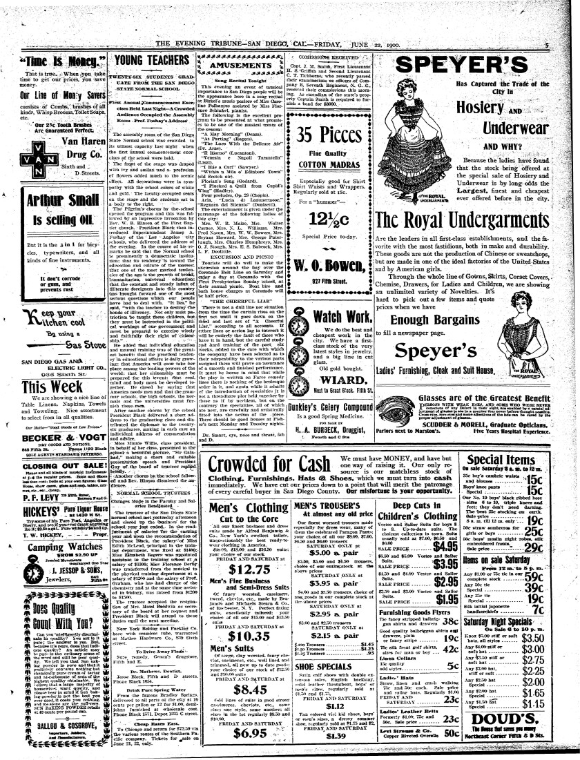 Page five from the Evening Tribune, Friday, June 22, 1900 with stories and advertisements.