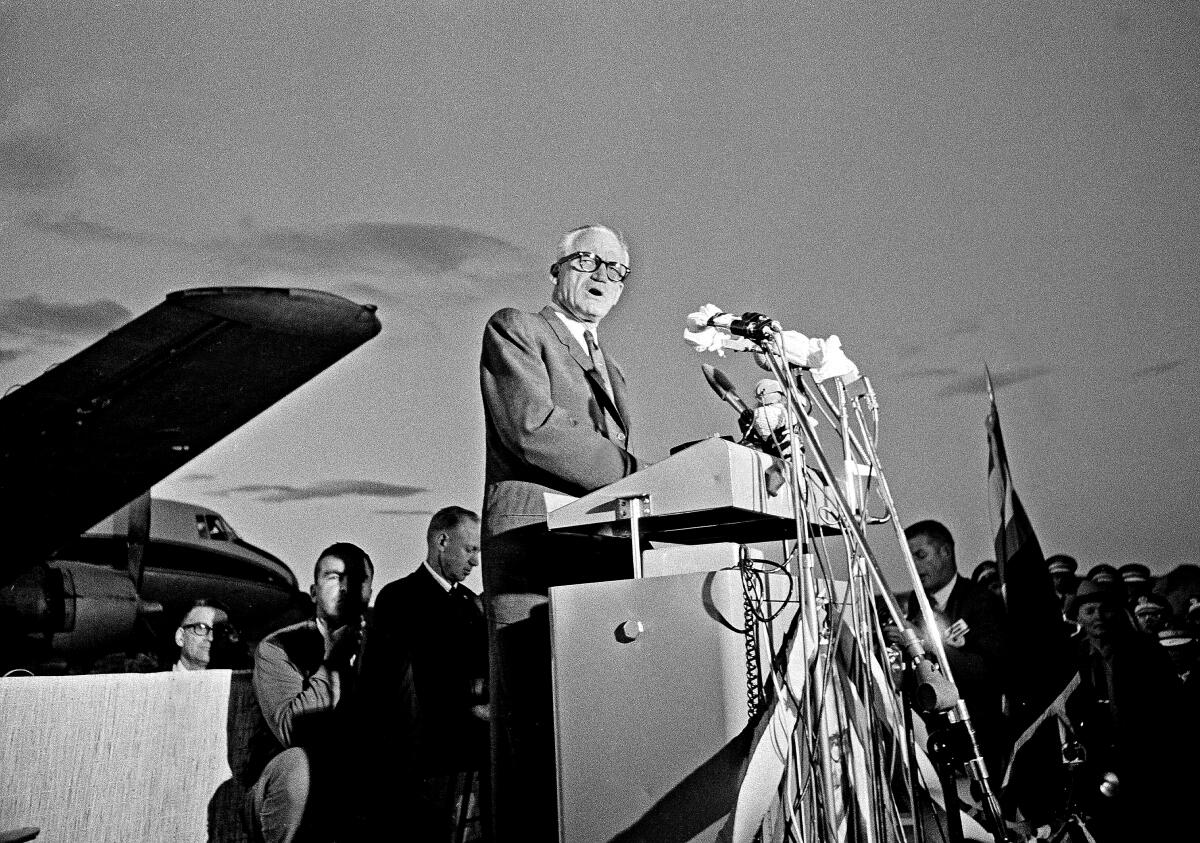 Sen. Barry Goldwater, the 1964 Republican presidential nominee, speaks in Fredonia, Ariz., on Nov. 2, 1964.
