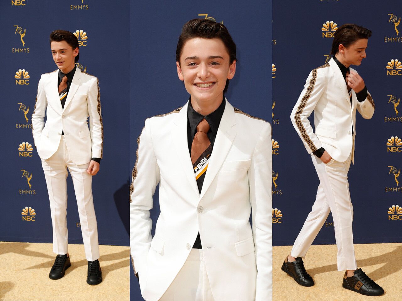 We didn't love Noah Schnapp's logomania Emmys outfit for the 2018 Emmy Awards. Although he's wearing the "it brand" of the moment, this look goes overboard with logos. It would have worked better with an understated tie. That's why his look is on our worst-dressed list.