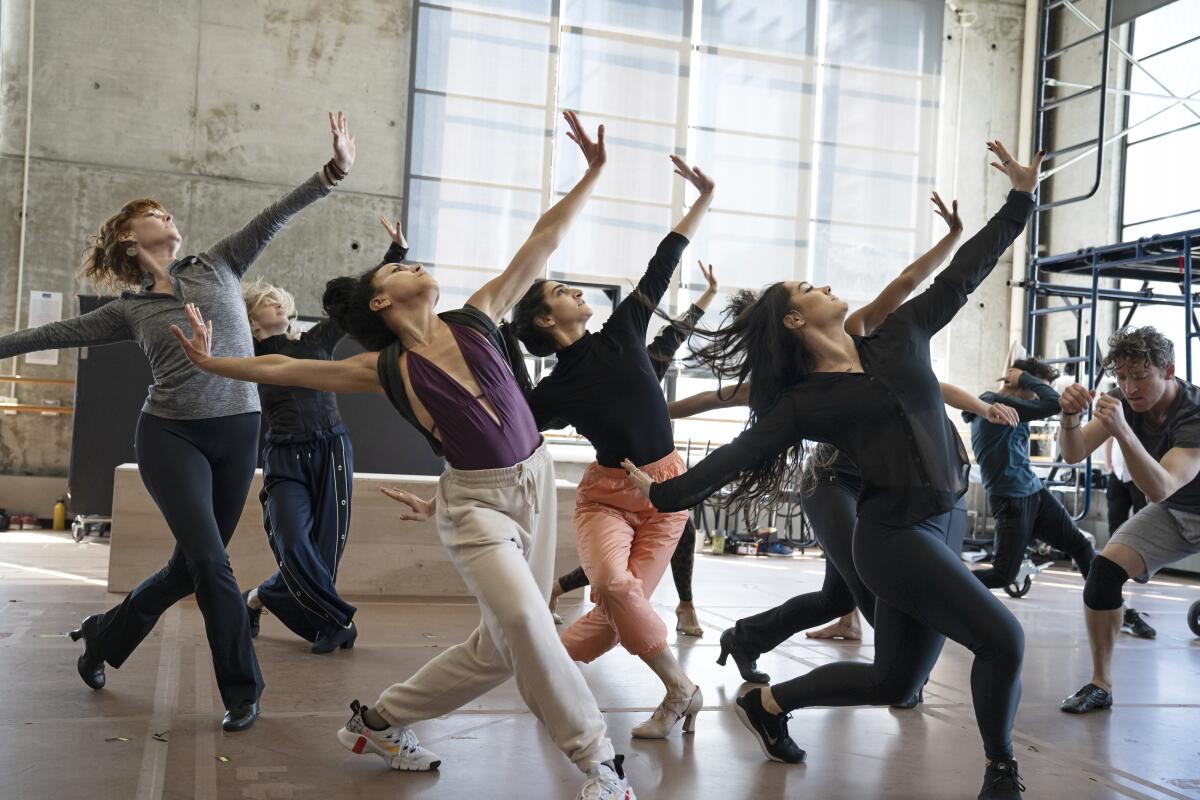 Cast members in "Bob Fosse's Dancin'" rehearse a dance sequence recently in a New York rehearsals studio.  
