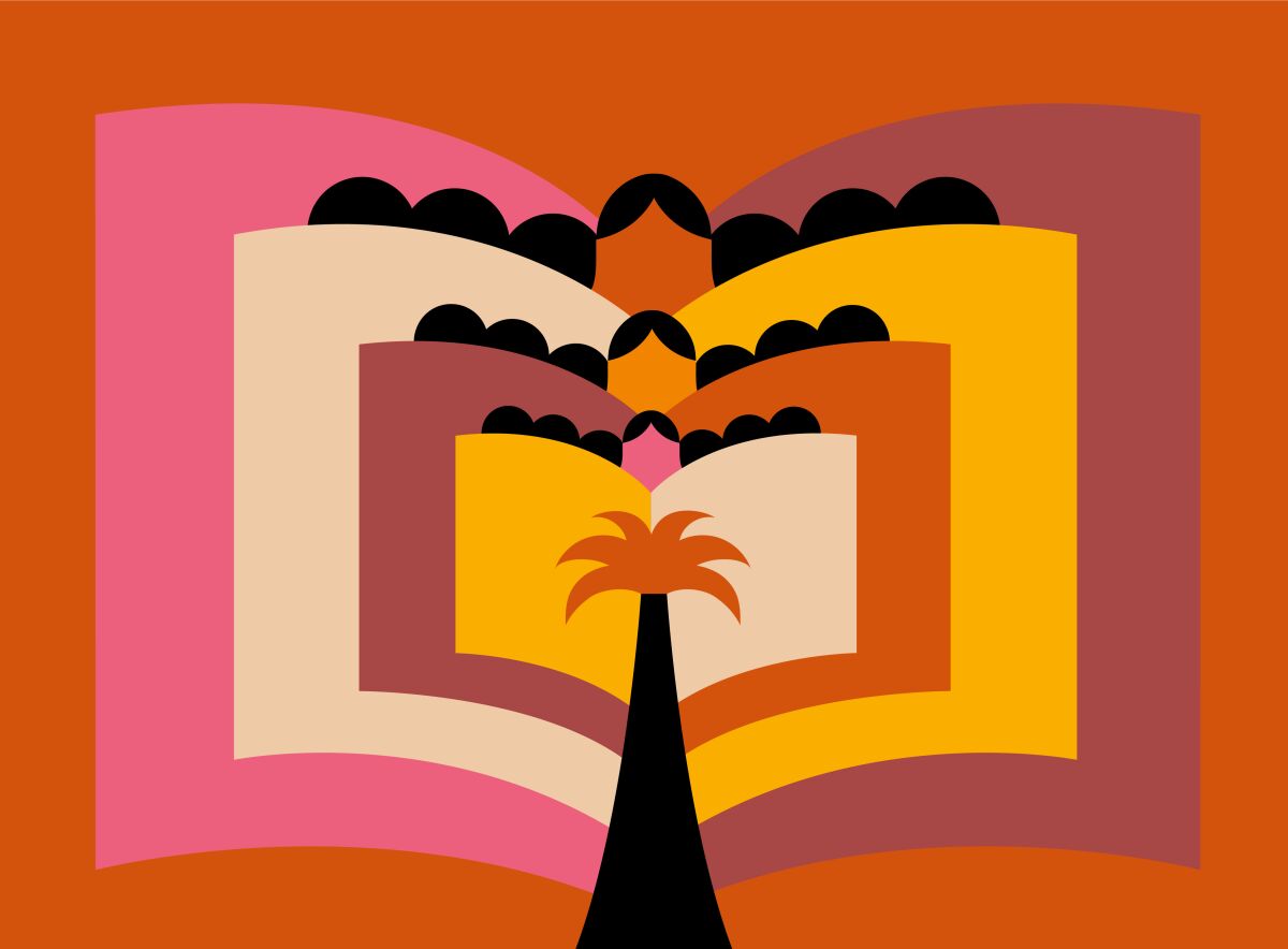 An illustration of books and a palm tree