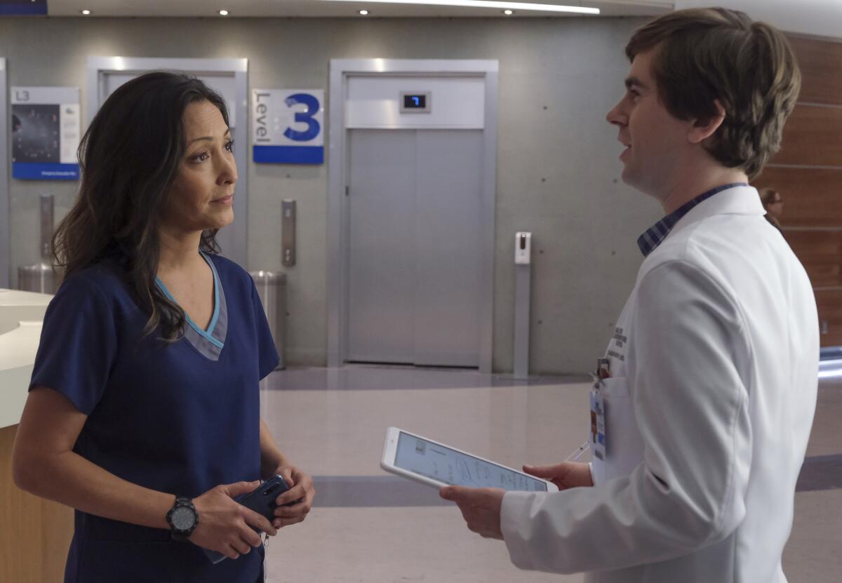 Christina Chang and Freddie Highmore in "The Good Doctor" on ABC. 