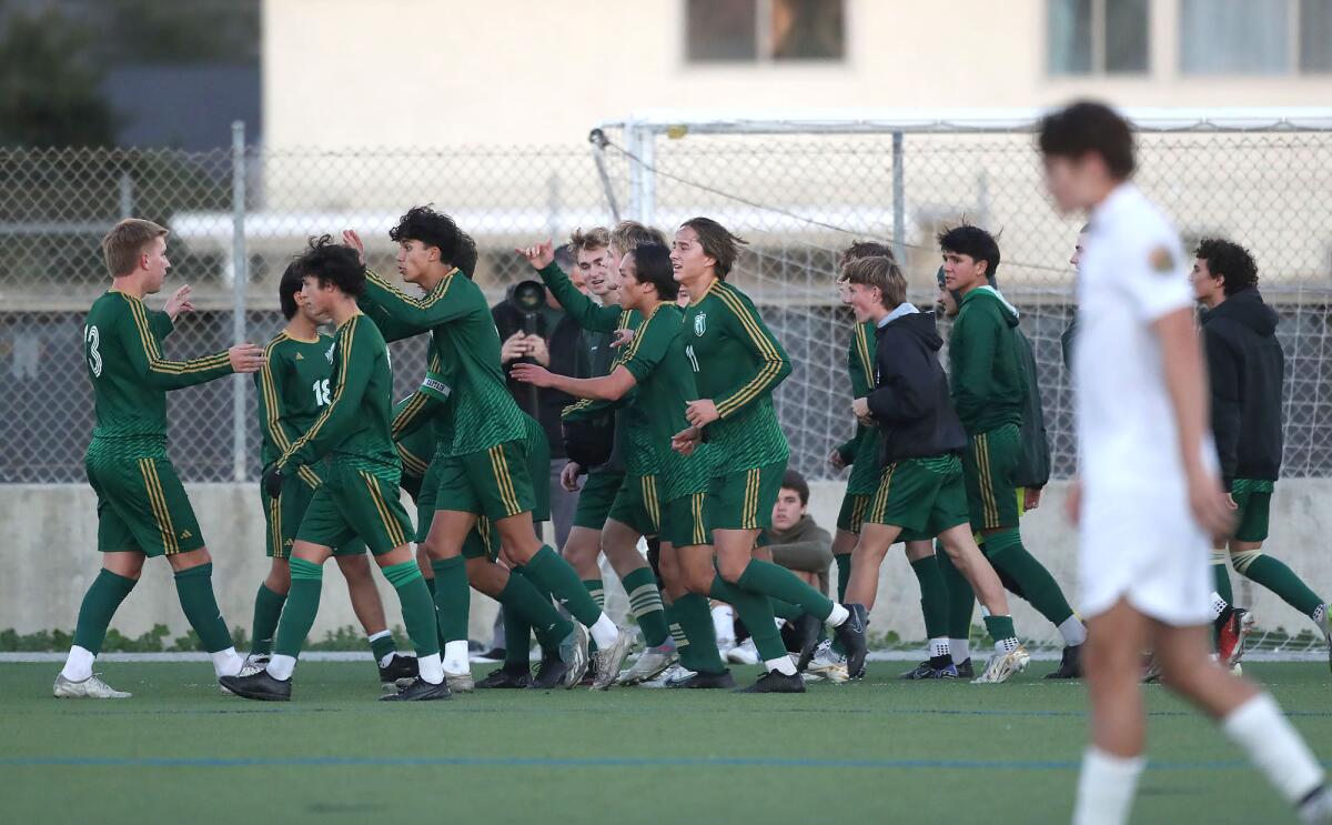 The Edison boys' soccer team celebrates a goal by Nathan Jackson during a Surf League match against Newport Harbor on Monday.