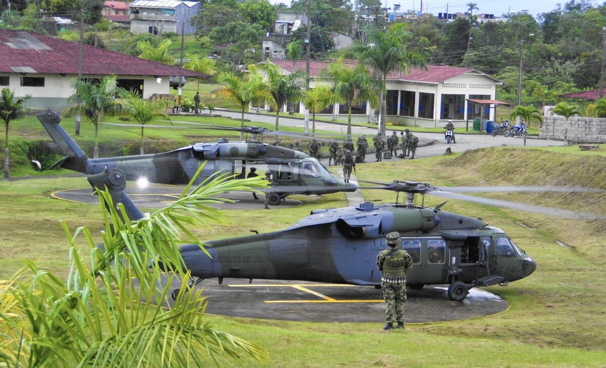 Helicopters deliver troops to Quibdo, Colombia, after the kidnapping of a general.