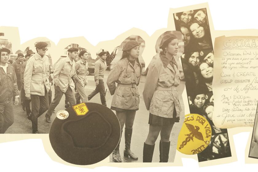 Photo illustration by Martina Ibanez-Baldor/ Los Angeles Times for la-et-me-chicano-moratorium-women-in-chicano-movement. (L-R) 1. Gloria Arellanes (left, second row) marches in a Robert Kennedy Requiem Memorial Procession the day after He died. CREDIT: George Rodriguez. 2. A beret from the Brown Berets. CREDIT: Special Collections & Archives, John F. Kennedy Memorial Library, Cal State LA, Gloria Arellanes Papers. 3. Two female Brown Berets, a Chicano activist group, stand together in matching uniforms during a National Chicano Moratorium Committee march in opposition to the war in Vietnam, Los Angeles, California, February 28, 1970. CREDIT: David Fenton/Getty Images. 4. A button from the Brown Berets. CREDIT: Special Collections & Archives, John F. Kennedy Memorial Library, Cal State LA, Gloria Arellanes Papers. 5. An undated photo booth strip of Gloria Arellanes(center), member of the Brown Berets surrounded by other members including, from clockwise: Lorraine Escalante, Hilda Reyes, and Arlene Sanchez. CREDIT: Special Collections & Archives, John F. Kennedy Memorial Library, Cal State LA, Gloria Arellanes Papers. 6. A flier recruiting new members for the Brown Berets. CREDIT: Special Collections & Archives, John F. Kennedy Memorial Library, Cal State LA, Gloria Arellanes Papers. 7. Brown Beret Hilda Reyes at the "Fiesta de los Barrios" Los Angeles Lincoln High School 1968. CREDIT: George Rodriguez.