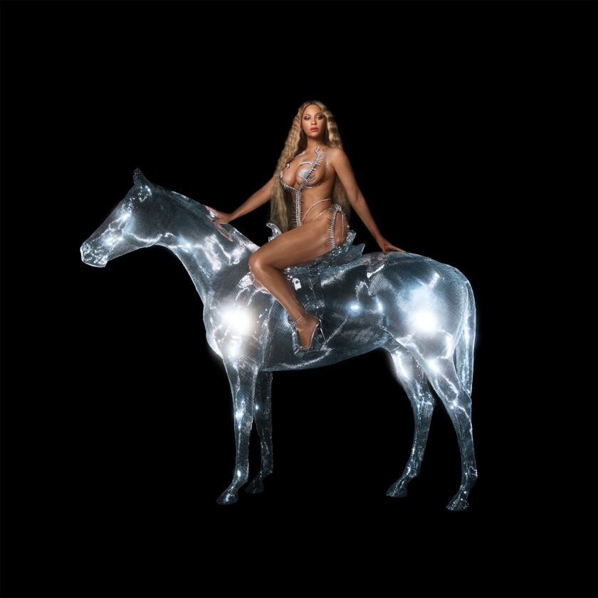 A woman sitting on a glowing, translucent horse