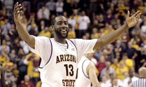 Arizona State guard James Harden reacts to the crowd after taking a lead in the final minute over UCLA on Thursday night.