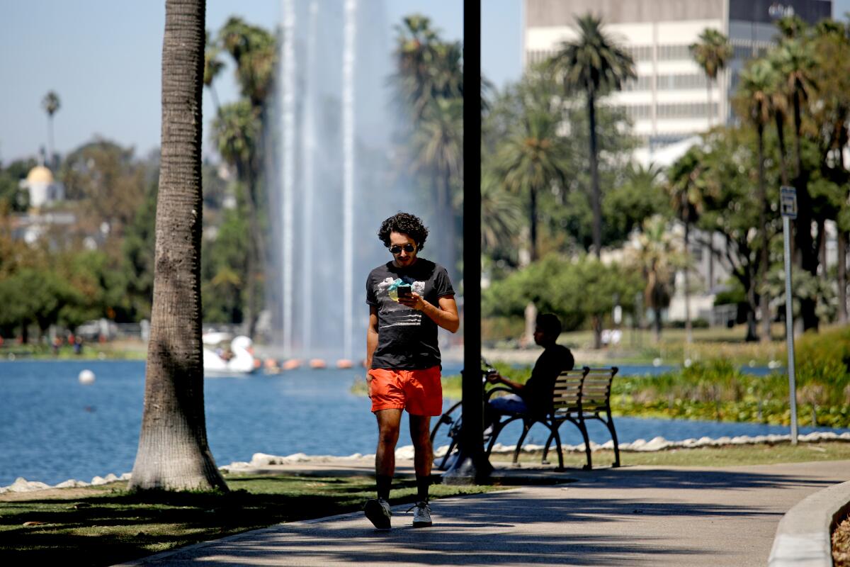 A man looks at his phone while walking on a path next to a lake with fountains.