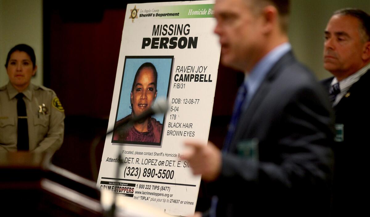 L.A. County sheriff's Lt. Steve Jauch holds a news conference Friday to announce the arrest of a suspect in the death of Raven Joy Campbell, whose remains were found in a wall at a Lomita residence.