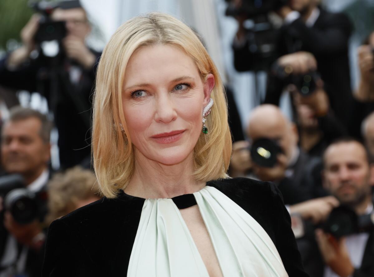 Cate Blanchett poses in a black-and-white dress in front of a crowd of photographers