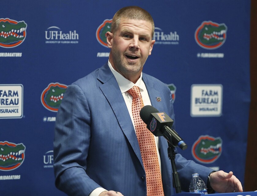 Florida head football coach Billy Napier speaks to the media during his introductory NCAA college football news conference in Gainesville, Fla., Sunday, Dec. 5, 2021. (Stephen M. Dowell/The Gainesville Sun via AP)