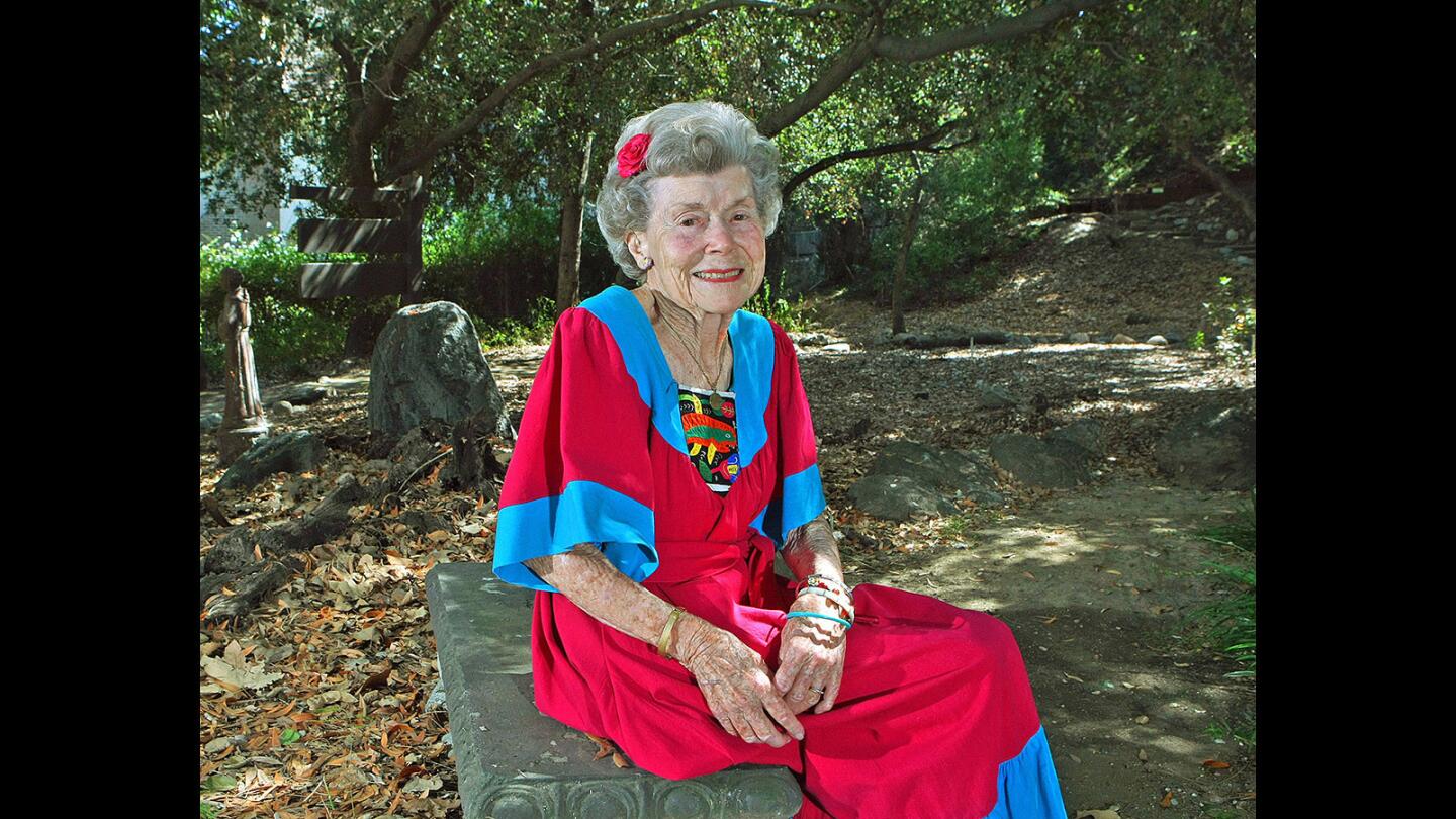 Doris McKently, 96, sits on a bench where the Oak of Peace once stood in Glendale on Wednesday, August 10, 2016. The Oak of Peace was once the fourth largest California oak and is historically relevant as the location where U.S. and Mexican generals met ended the fighting of the Mexican-American War in 1847. Doris lives next to the Catalina Verdugo Adobe House, the home where she grew up.