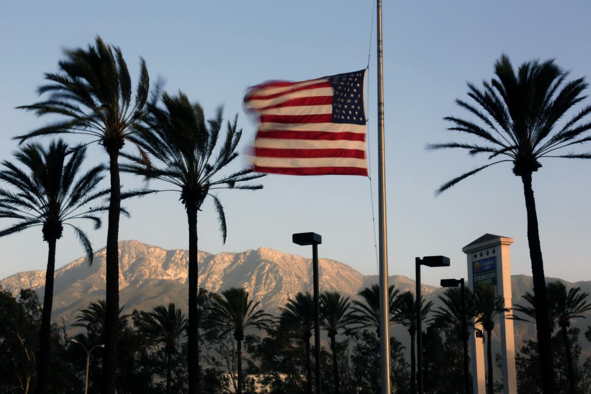 Gusty winds whip a flag and palm fronds in Fontana in 2013. Forecasters are expecting a mild Santa Ana wind event Wednesday and Thursday.
