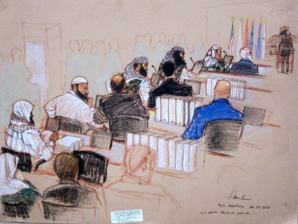 The five Sept. 11 defendants, in a courtroom sketch, attend pretrial motions at the U.S. Naval Base in Guantanamo Bay, Cuba.