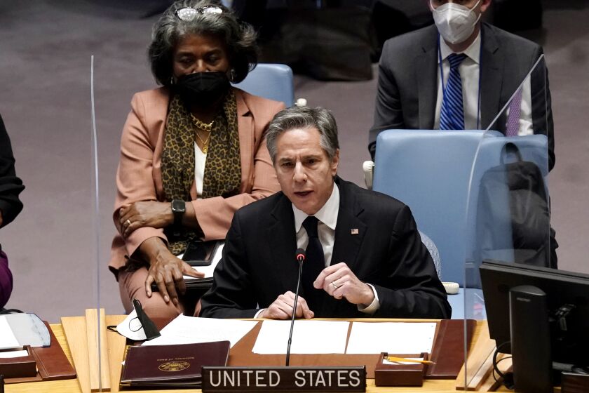 U.S. Secretary of State Antony Blinken addresses the United Nations Security Council, Thursday, Feb. 17, 2022. 