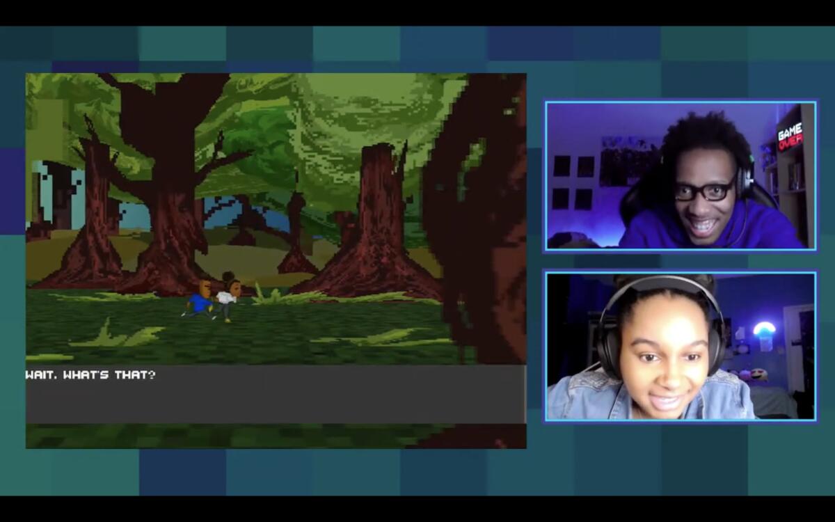 A screenshot of two smiling people wearing headphones on one side with a video game on the other