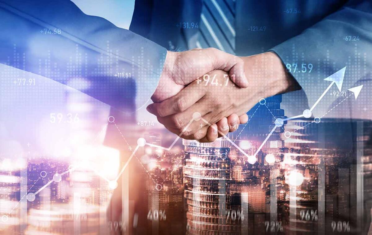 Business handshake on finance prosperity and money technology asset background